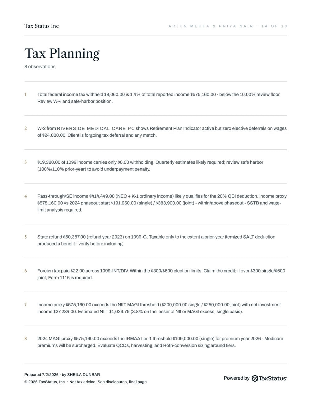 Tax planning page of the report