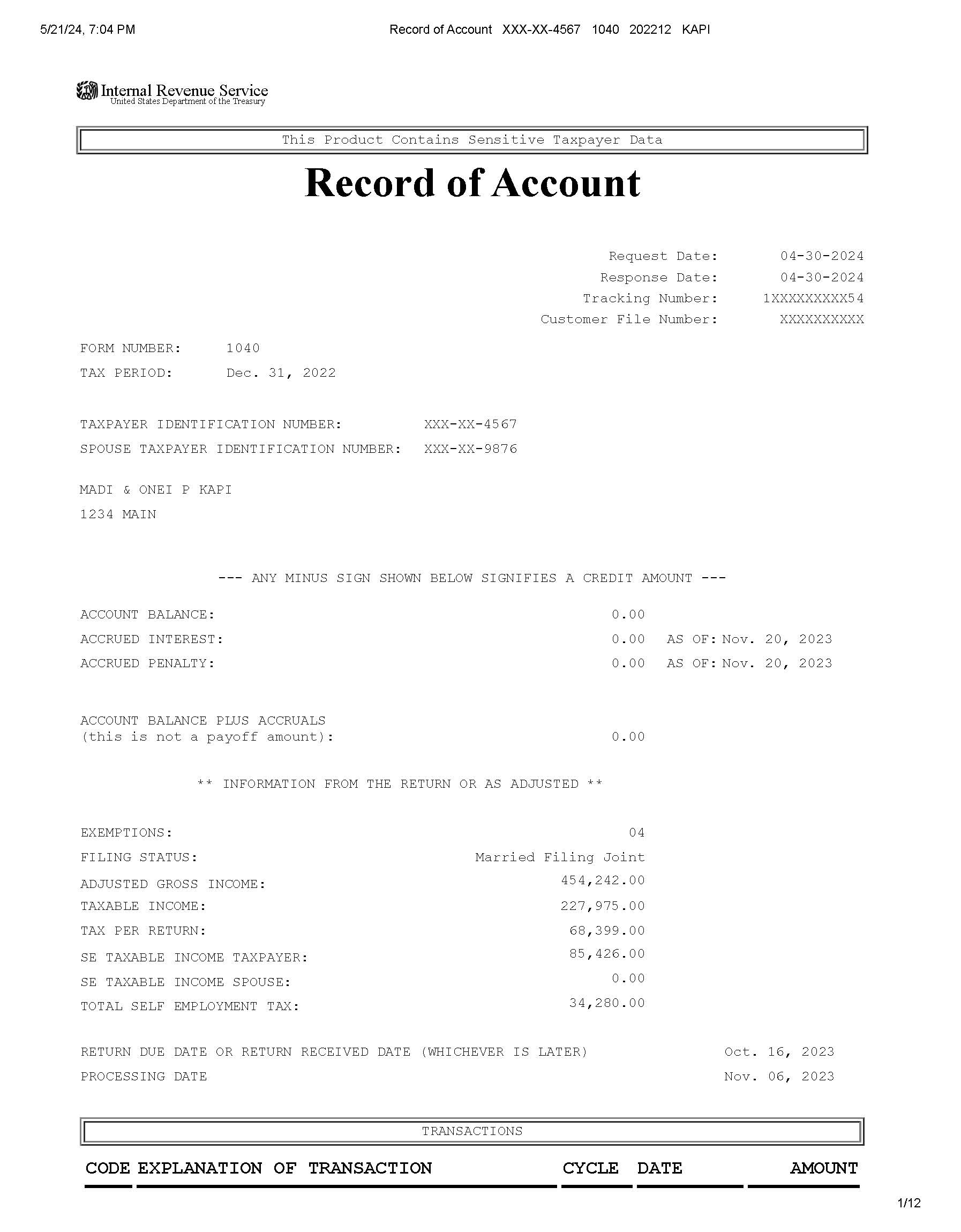 Tax Transcripts sample preview